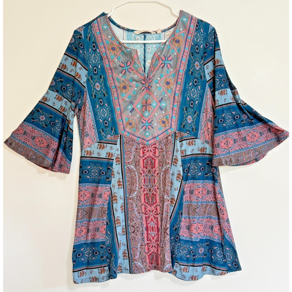Soft Surroundings Boho Peasant Blouse Top Stretch Knit Bell Sleeve Size Medium